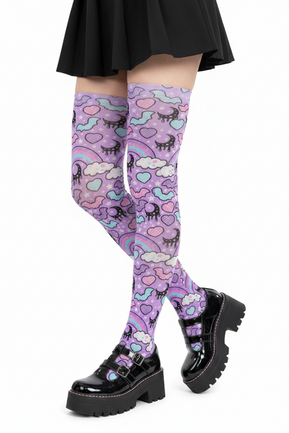 Pastel Goth Creepy Cute Spooky Cute Goth Aesthetic Kawaii Fashion Harajuku fashion Jfashion Rainbow Spooky Bats Over Knee Stocking Socks (Purple) Trendy style moons 