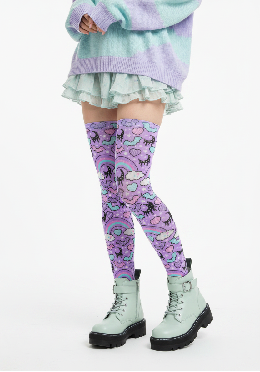 Pastel Goth Creepy Cute Spooky Cute Goth Aesthetic Kawaii Fashion Harajuku fashion Jfashion Rainbow Spooky Bats Over Knee Stocking Socks (Purple) Trendy style moons 