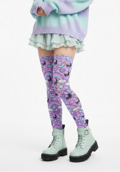Pastel Goth Creepy Cute Spooky Cute Goth Aesthetic Kawaii Fashion Harajuku fashion Jfashion Rainbow Spooky Bats Over Knee Stocking Socks (Purple) Trendy style moons 