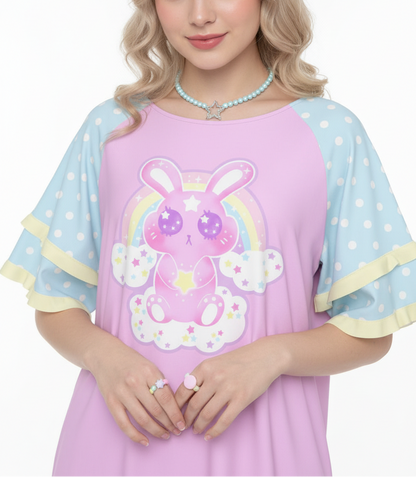 Pastel Kawaii fashion fairy kei yume kawaii Wishing Bunny Yellow Round Neck Raglan Sleeve Ruffle Frill T-Shirt pastel blue pink purple lilac lavender polka dots magical girl mahou kei cutecore jojifuku