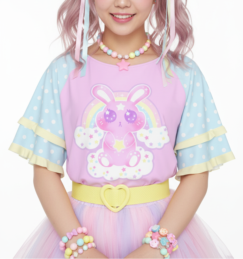 Pastel Kawaii fashion fairy kei yume kawaii Wishing Bunny Yellow Round Neck Raglan Sleeve Ruffle Frill T-Shirt pastel blue pink purple lilac lavender polka dots magical girl mahou kei cutecore jojifuku