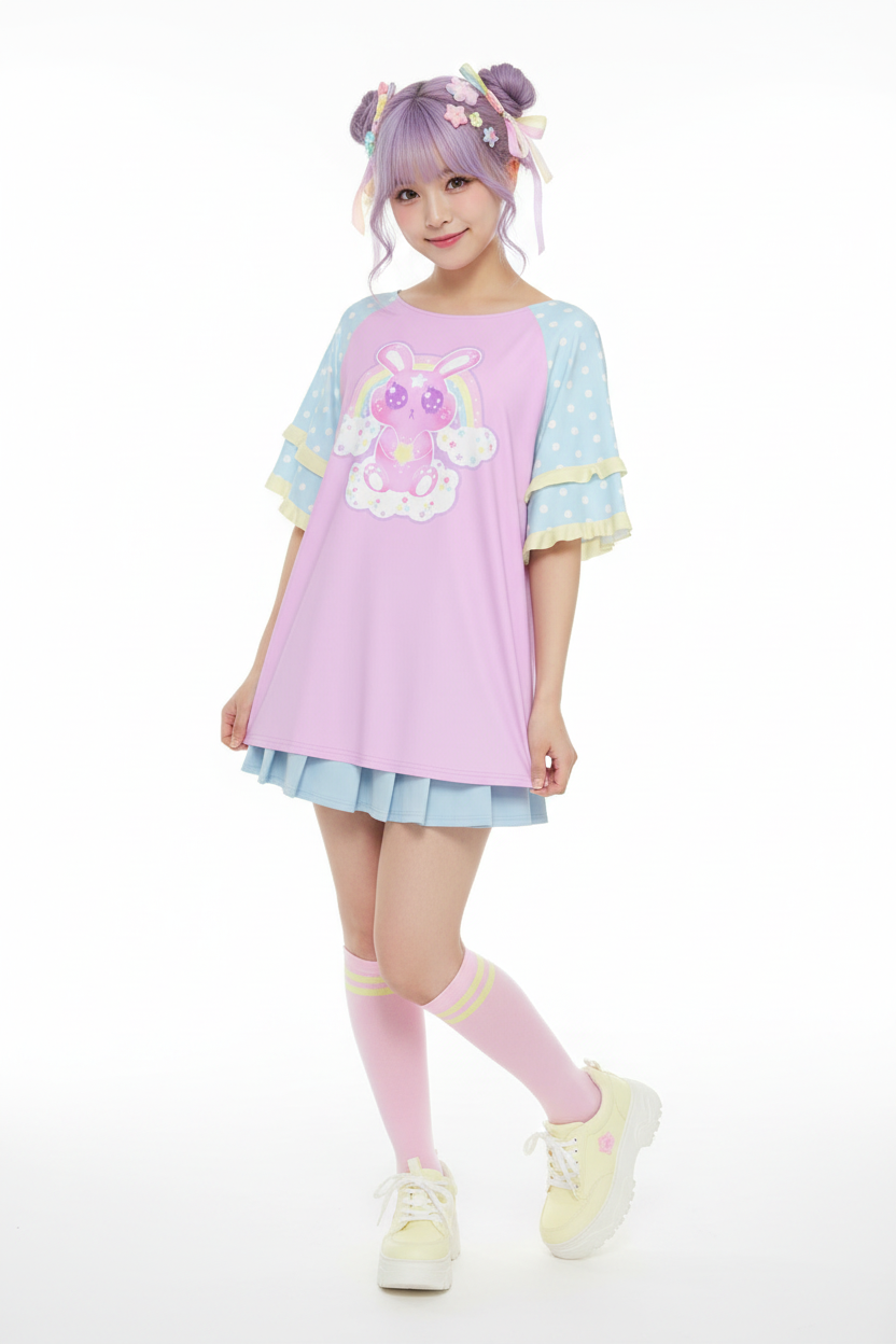 Pastel Kawaii fashion fairy kei yume kawaii Wishing Bunny Yellow Round Neck Raglan Sleeve Ruffle Frill T-Shirt pastel blue pink purple lilac lavender polka dots magical girl mahou kei cutecore jojifuku