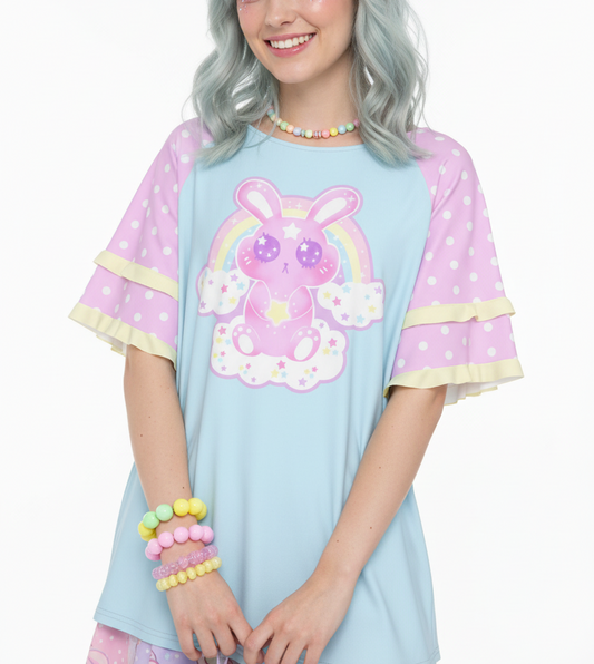 Pastel Kawaii fashion fairy kei yume kawaii Wishing Bunny Yellow Round Neck Raglan Sleeve Ruffle Frill T-Shirt pastel pink blue polka dots magical girl mahou kei cutecore jojifuku