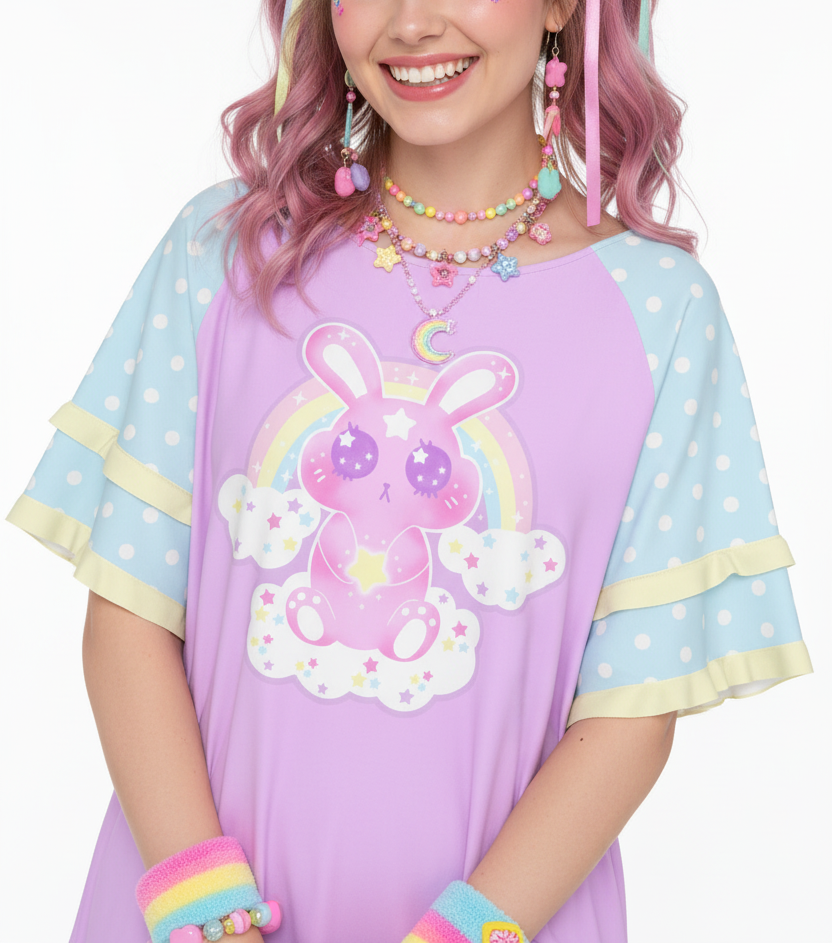 Pastel Kawaii fashion fairy kei yume kawaii Wishing Bunny Yellow Round Neck Raglan Sleeve Ruffle Frill T-Shirt pastel purple blue polka dots magical girl mahou kei cutecore jojifuku