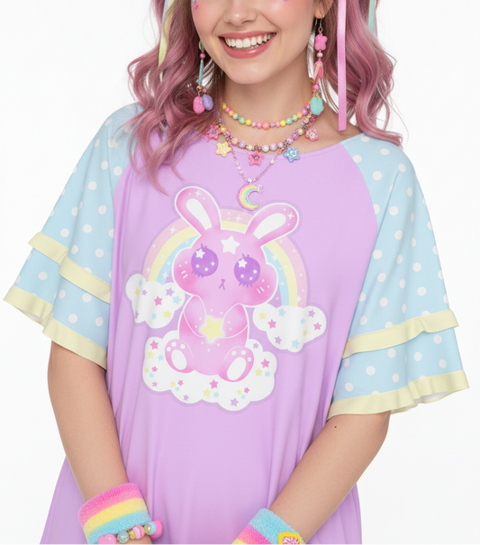 Pastel Kawaii fashion fairy kei yume kawaii Wishing Bunny Yellow Round Neck Raglan Sleeve Ruffle Frill T-Shirt pastel purple blue polka dots magical girl mahou kei cutecore jojifuku