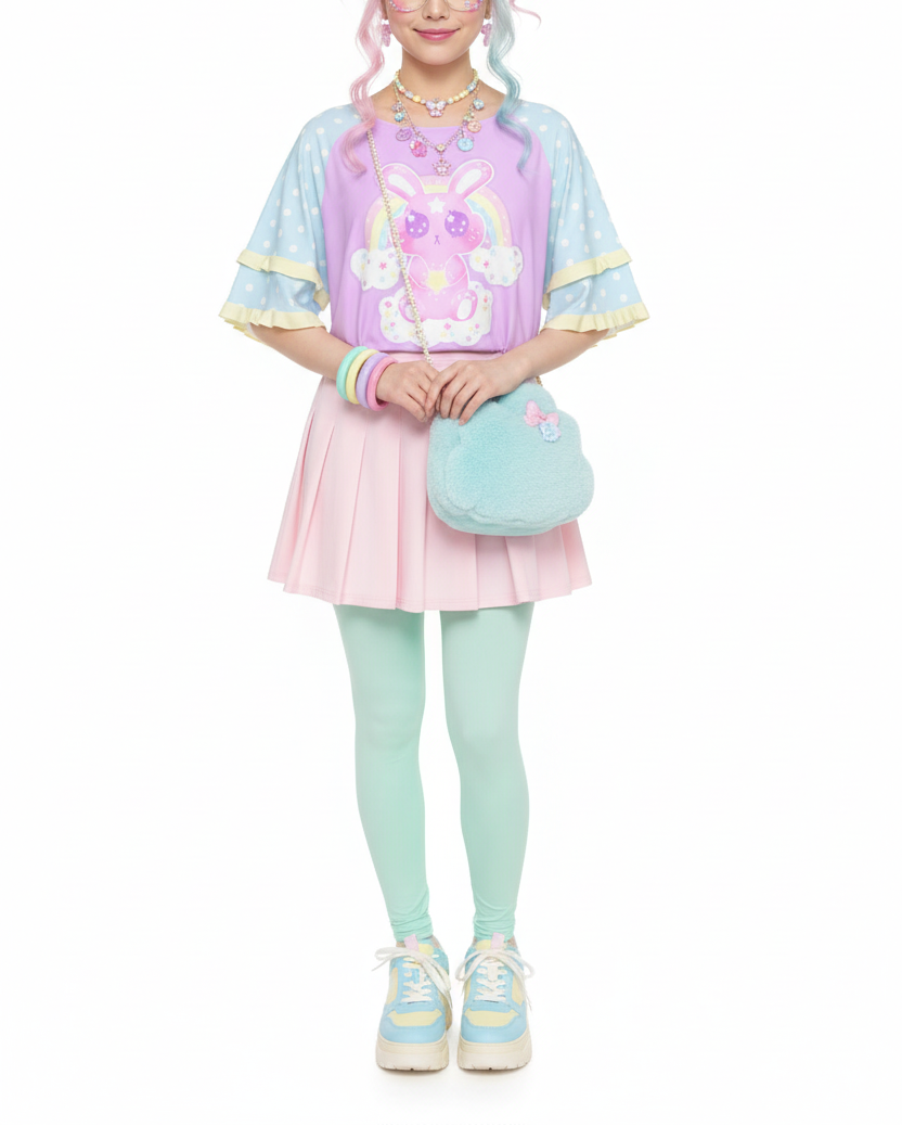 Pastel Kawaii fashion fairy kei yume kawaii Wishing Bunny Yellow Round Neck Raglan Sleeve Ruffle Frill T-Shirt pastel purple blue polka dots magical girl mahou kei cutecore jojifuku
