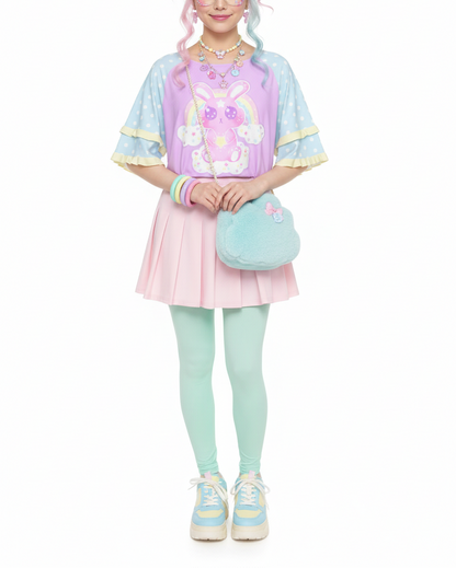 Pastel Kawaii fashion fairy kei yume kawaii Wishing Bunny Yellow Round Neck Raglan Sleeve Ruffle Frill T-Shirt pastel purple blue polka dots magical girl mahou kei cutecore jojifuku
