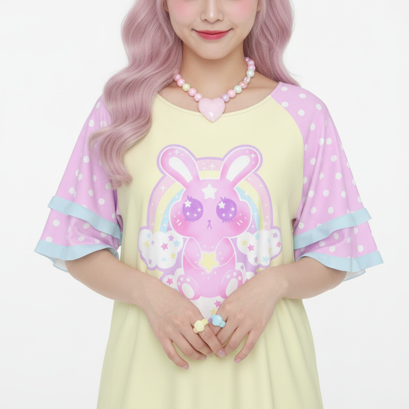 Pastel Kawaii fashion fairy kei yume kawaii Wishing Bunny Yellow Round Neck Raglan Sleeve Ruffle Frill T-Shirt pastel yellow and pink polka dots magical girl mahou kei cutecore jojifuku