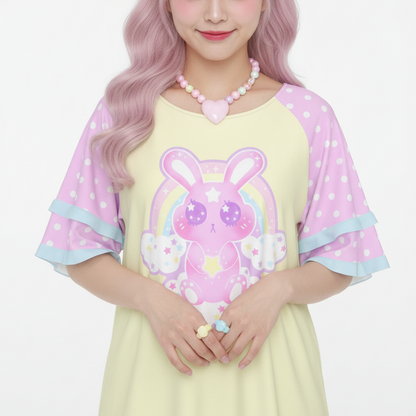 Pastel Kawaii fashion fairy kei yume kawaii Wishing Bunny Yellow Round Neck Raglan Sleeve Ruffle Frill T-Shirt pastel yellow and pink polka dots magical girl mahou kei cutecore jojifuku