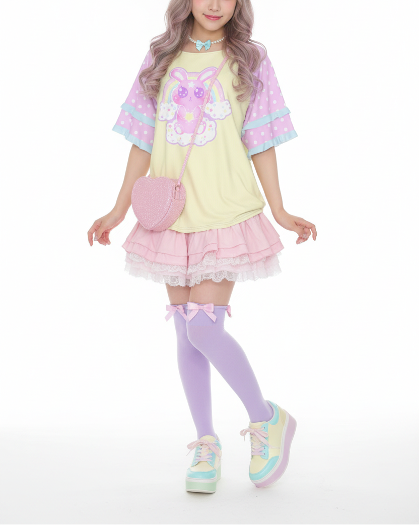 Pastel Kawaii fashion fairy kei yume kawaii Wishing Bunny Yellow Round Neck Raglan Sleeve Ruffle Frill T-Shirt pastel yellow and pink polka dots magical girl mahou kei cutecore jojifuku
