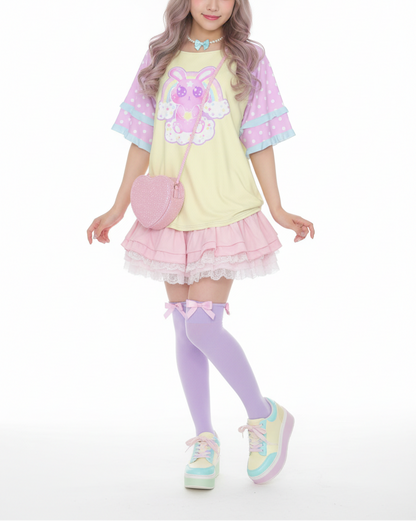 Pastel Kawaii fashion fairy kei yume kawaii Wishing Bunny Yellow Round Neck Raglan Sleeve Ruffle Frill T-Shirt pastel yellow and pink polka dots magical girl mahou kei cutecore jojifuku