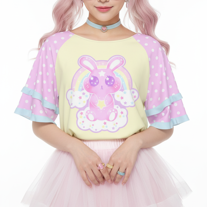 Pastel Kawaii fashion fairy kei yume kawaii Wishing Bunny Yellow Round Neck Raglan Sleeve Ruffle Frill T-Shirt pastel yellow and pink polka dots magical girl mahou kei cutecore jojifuku