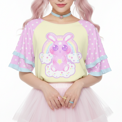 Pastel Kawaii fashion fairy kei yume kawaii Wishing Bunny Yellow Round Neck Raglan Sleeve Ruffle Frill T-Shirt pastel yellow and pink polka dots magical girl mahou kei cutecore jojifuku