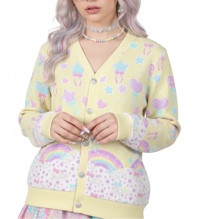 Pastel Party Women's Ribbed Button Up Cardigan (Yellow) kawaii fashion jfashion Harajuku fashion fairy kei yume kawaii jojifuku cutecore 