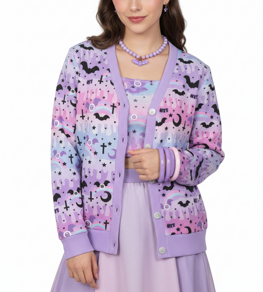 Pastel goth creepy cute spooky cute bats Kawaii fashion harajuku fashion jfashion Dripping Sky Women's Ribbed Button Up Cardigan