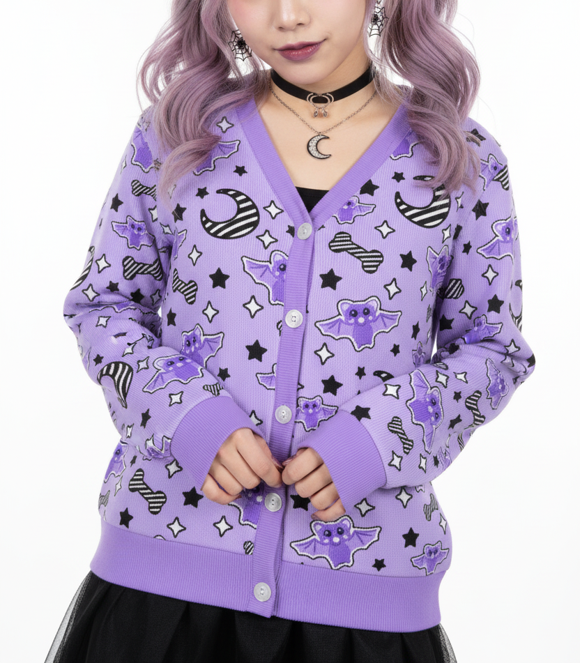 Pastel goth creepy cute spooky cute gothic style moon bones stars Halloween stripes  fashion style Kawaii fashion Harajuku fashion Jfashion Magical Kawaii Spooky Bats Women's Ribbed Button Up Cardigan