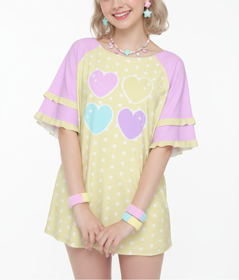 Pastel kawaii fashion Harajuku Jfashion fairy kei yume kawaii cutecore jojifuku Sweet Love Hearts Yellow Round Neck Raglan Sleeve Ruffle Frill T-Shirt (Polka Dots)