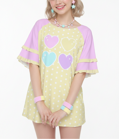 Pastel kawaii fashion Harajuku Jfashion fairy kei yume kawaii cutecore jojifuku Sweet Love Hearts Yellow Round Neck Raglan Sleeve Ruffle Frill T-Shirt (Polka Dots)