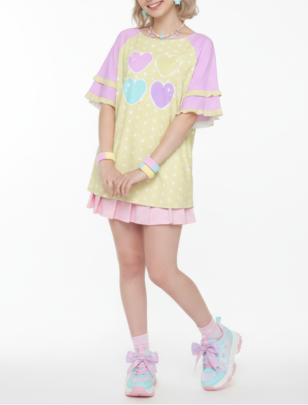 Pastel kawaii fashion Harajuku Jfashion fairy kei yume kawaii cutecore jojifuku Sweet Love Hearts Yellow Round Neck Raglan Sleeve Ruffle Frill T-Shirt (Polka Dots)