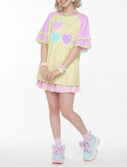Pastel kawaii fashion Harajuku Jfashion fairy kei yume kawaii cutecore jojifuku Sweet Love Hearts Yellow Round Neck Raglan Sleeve Ruffle Frill T-Shirt (Polka Dots)