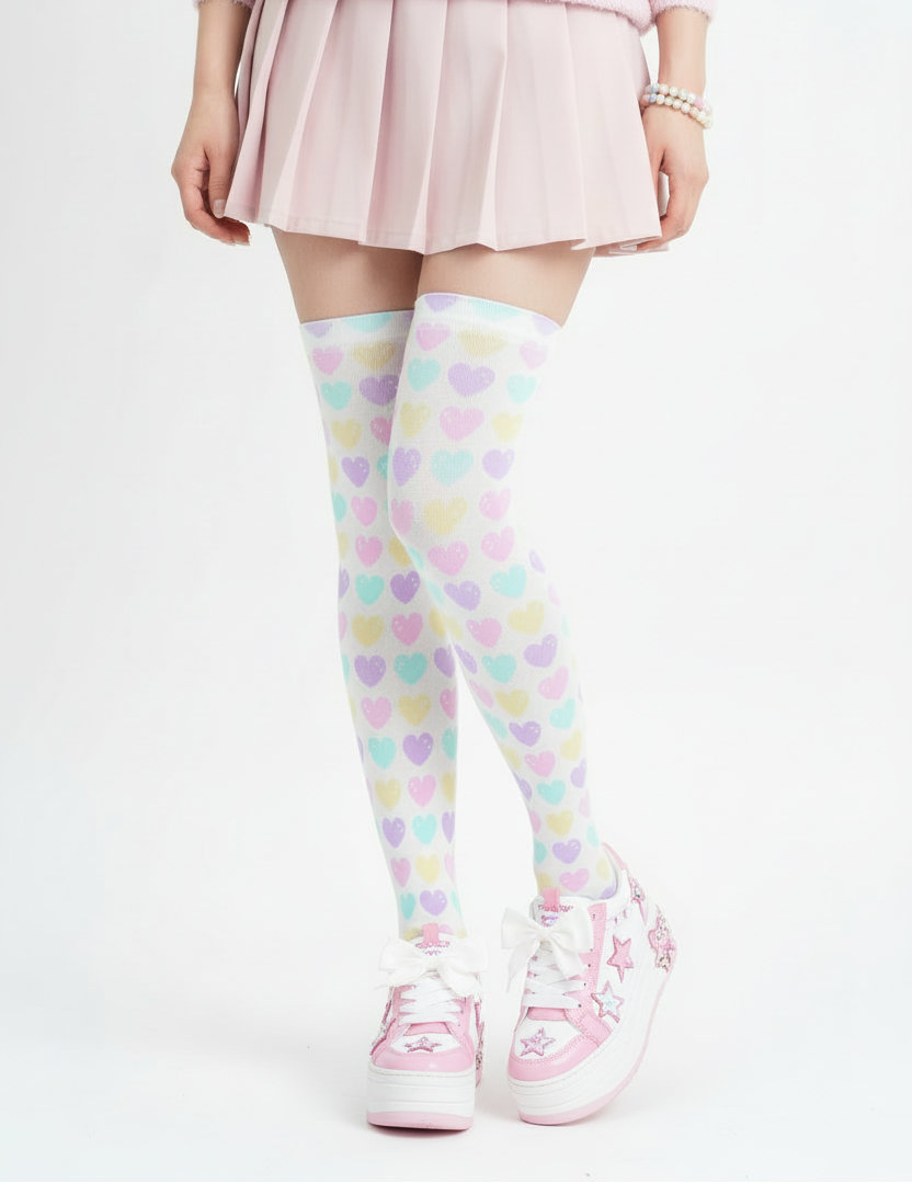 Pastel kawaii fashion fairy kei yume kawaii magical girl mahou kei harajuku jfashion Sweet Love Hearts Over Knee Stocking Socks (White) cutecore jojifuku heisei era