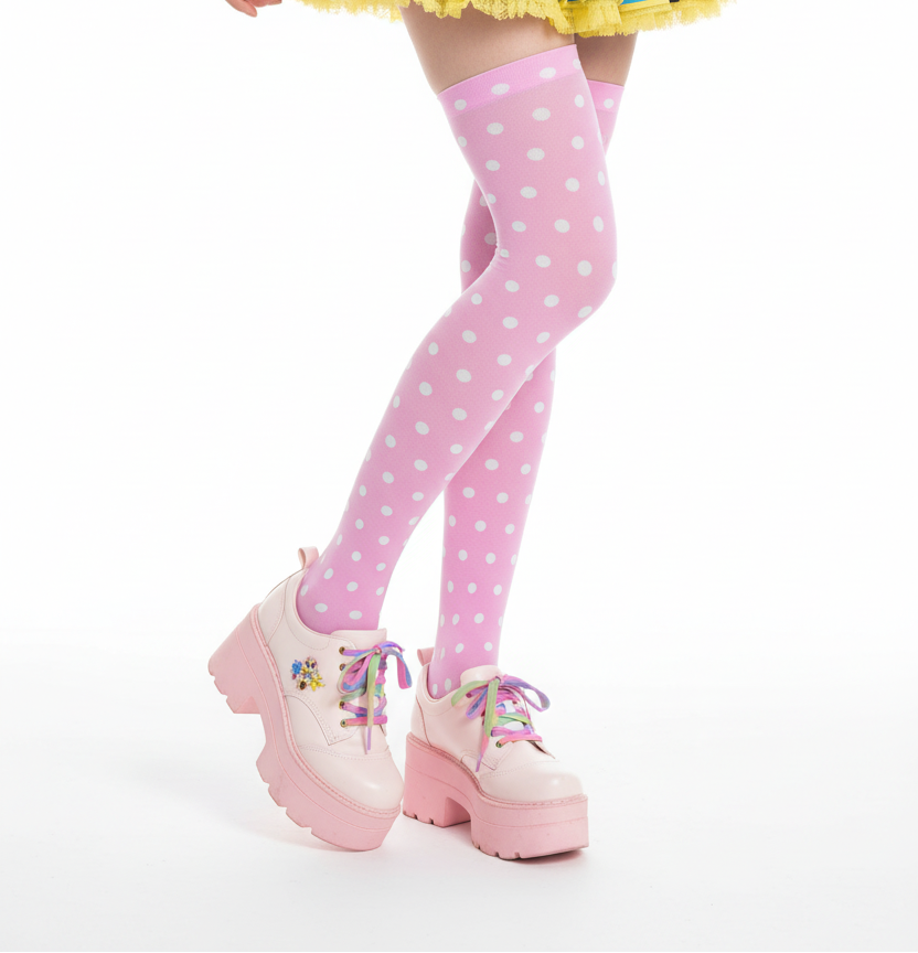 kawaii cutecore over knee socks pink polka dots stockings tights fairy kei yume kawaii decora kei jojifuku cute