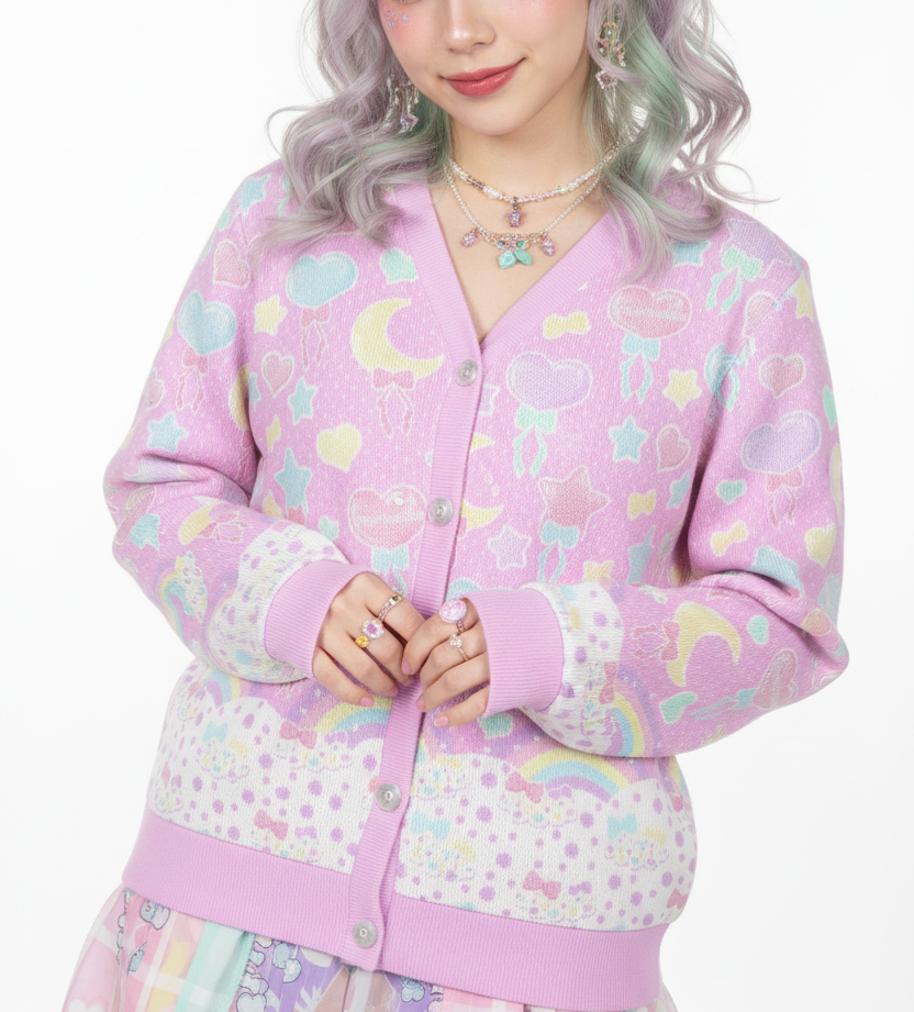 Pastel Party Women's Ribbed Button Up Cardigan (Pink) kawasii fashion jfashion Harajuku style fairy kei yume kawaii jojifuku cutecore