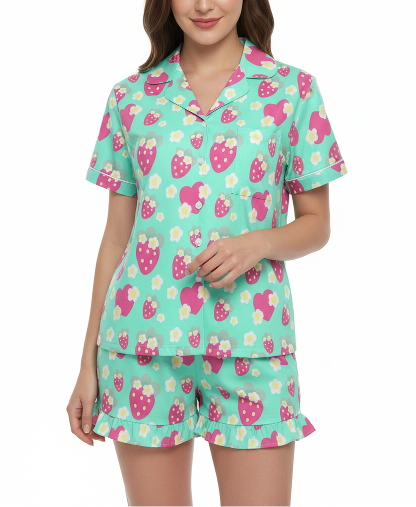 mint green sleepwear loungewear pajamas top and bottom set strawberry cute floral flowers short sleeve button top frilly ruffle shorts with pockets