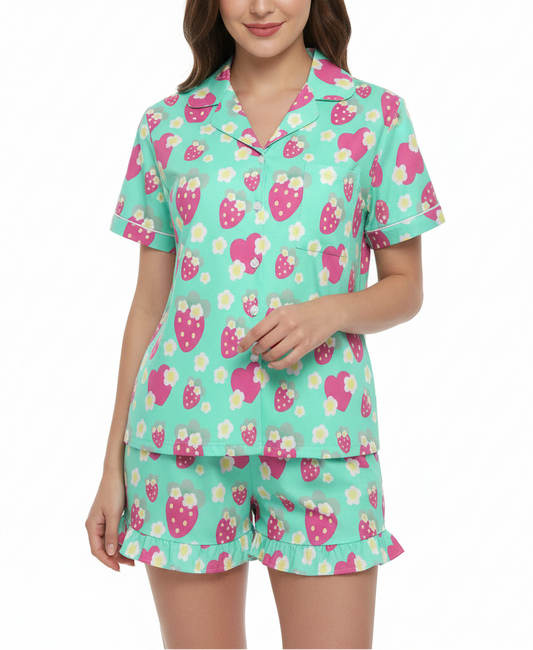 mint green sleepwear loungewear pajamas top and bottom set strawberry cute floral flowers short sleeve button top frilly ruffle shorts with pockets