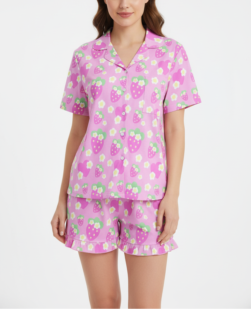 kawaii jojifuku cutecore pink strawberry ichigo  sleepwear loungewear pajamas top and bottom set strawberry cute floral flowers short sleeve button top frilly ruffle shorts with pockets 