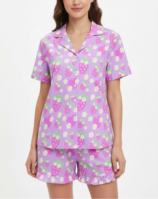sleepwear loungewear pajamas top and bottom set strawberry cute floral flowers short sleeve button top frilly ruffle shorts with pockets