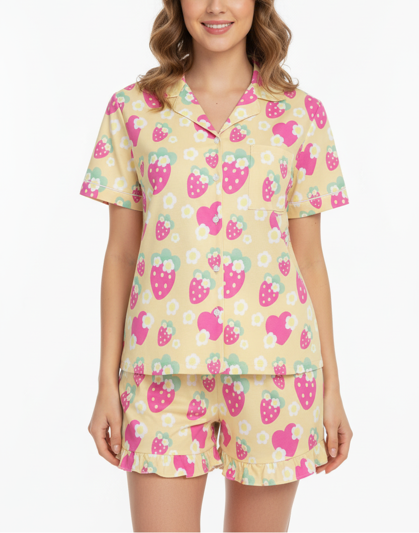 Yellow sleepwear loungewear pajamas top and bottom set strawberry cute floral flowers short sleeve button top frilly ruffle shorts with pockets 
