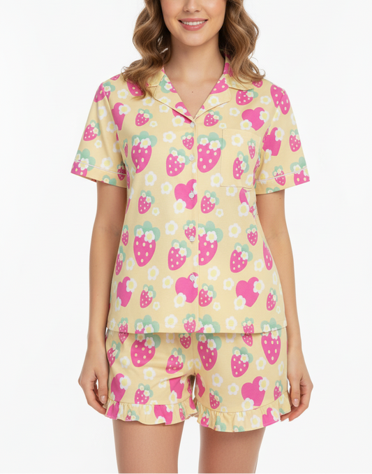 Yellow sleepwear loungewear pajamas top and bottom set strawberry cute floral flowers short sleeve button top frilly ruffle shorts with pockets 