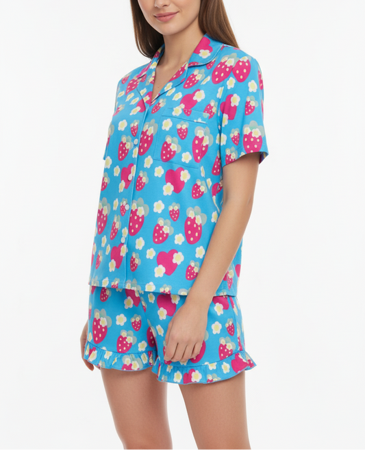 sleepwear loungewear pajamas top and bottom set strawberry cute floral flowers short sleeve button top frilly ruffle shorts with pockets 