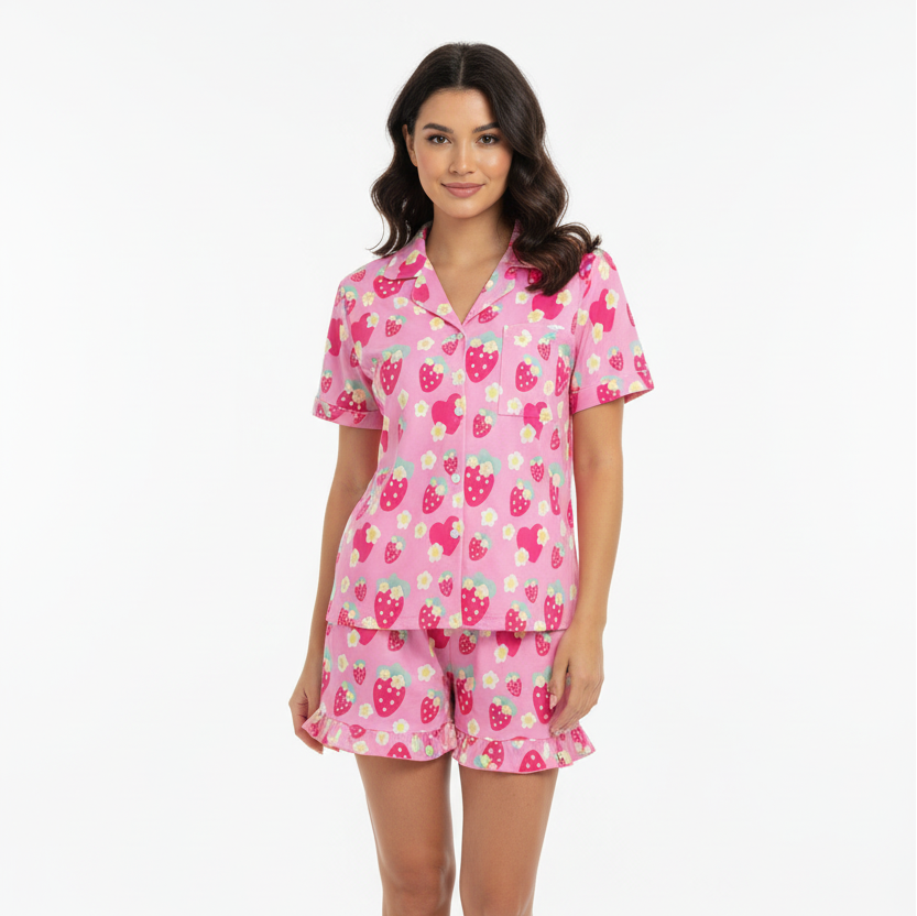 sleepwear loungewear pajamas top and bottom set strawberry cute floral flowers short sleeve button top frilly ruffle shorts with pockets 