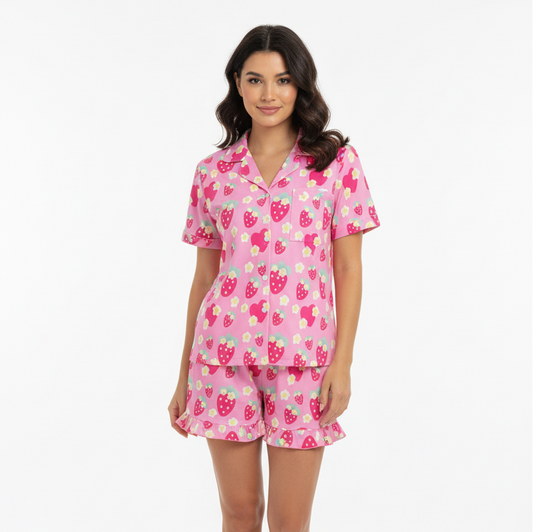 sleepwear loungewear pajamas top and bottom set strawberry cute floral flowers short sleeve button top frilly ruffle shorts with pockets 