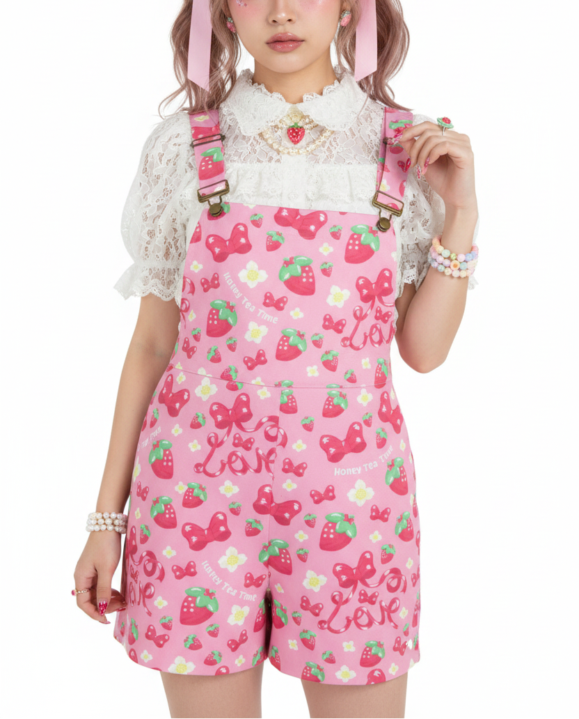 Strawberry Ribbon Unisex Shorts Overalls With Adjustable Straps And Pockets cottagecore kawaii fashion jfashion Harajuku fashion decora kei kidcore cutecore jojifuku heisei retro red and pink