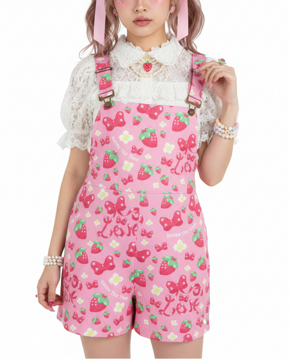 Strawberry Ribbon Unisex Shorts Overalls With Adjustable Straps And Pockets cottagecore kawaii fashion jfashion Harajuku fashion decora kei kidcore cutecore jojifuku heisei retro red and pink