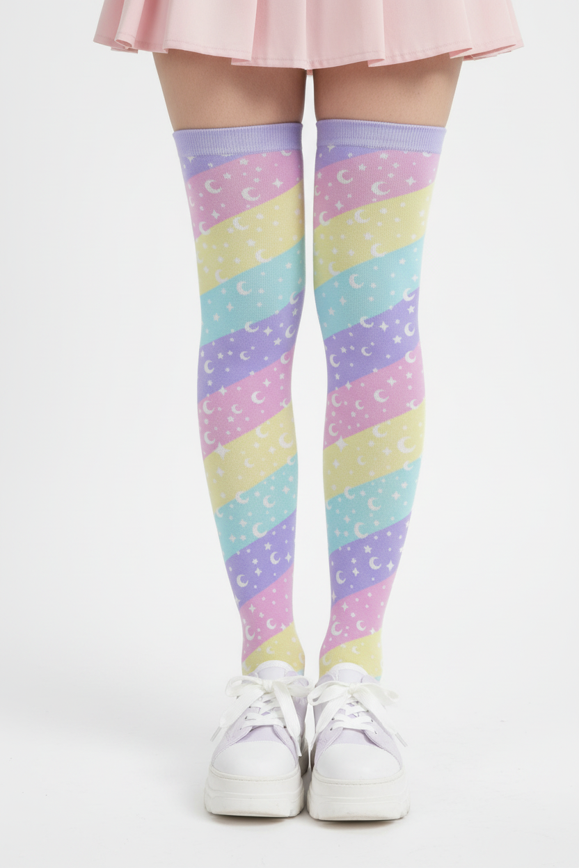 uchuu kei kawaii fashion harajuku fashion jfashion fairy kei decora kei jojifuku cutecore Cosmic Rainbow Over Knee Stocking Socks