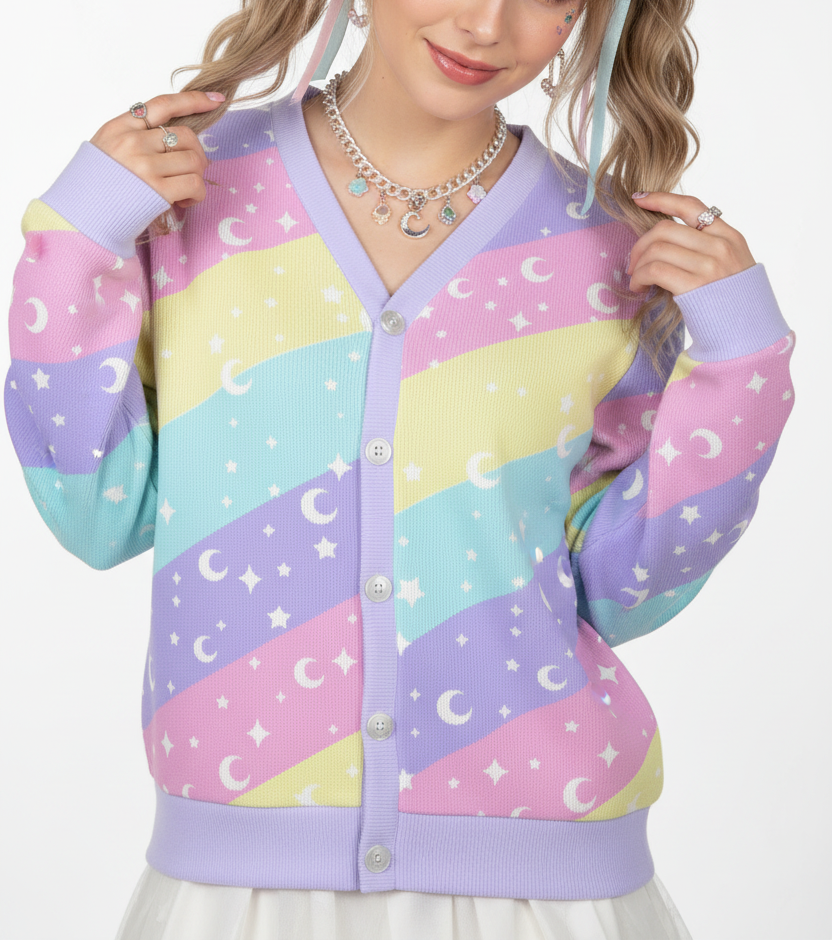 Uchuu kei Kawaii fashion Harajuku fashion jfashion fairy kei yume kawaii  decora kei cutecore jojifuku space style universe fashion moons stars sparkles Pastel colors stripes  Cosmic Rainbow Women's Ribbed Button Up Cardigan