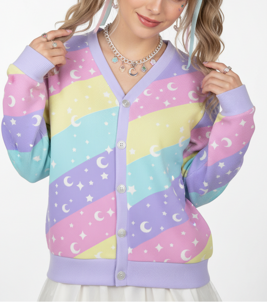 Uchuu kei Kawaii fashion Harajuku fashion jfashion fairy kei yume kawaii  decora kei cutecore jojifuku space style universe fashion moons stars sparkles Pastel colors stripes  Cosmic Rainbow Women's Ribbed Button Up Cardigan