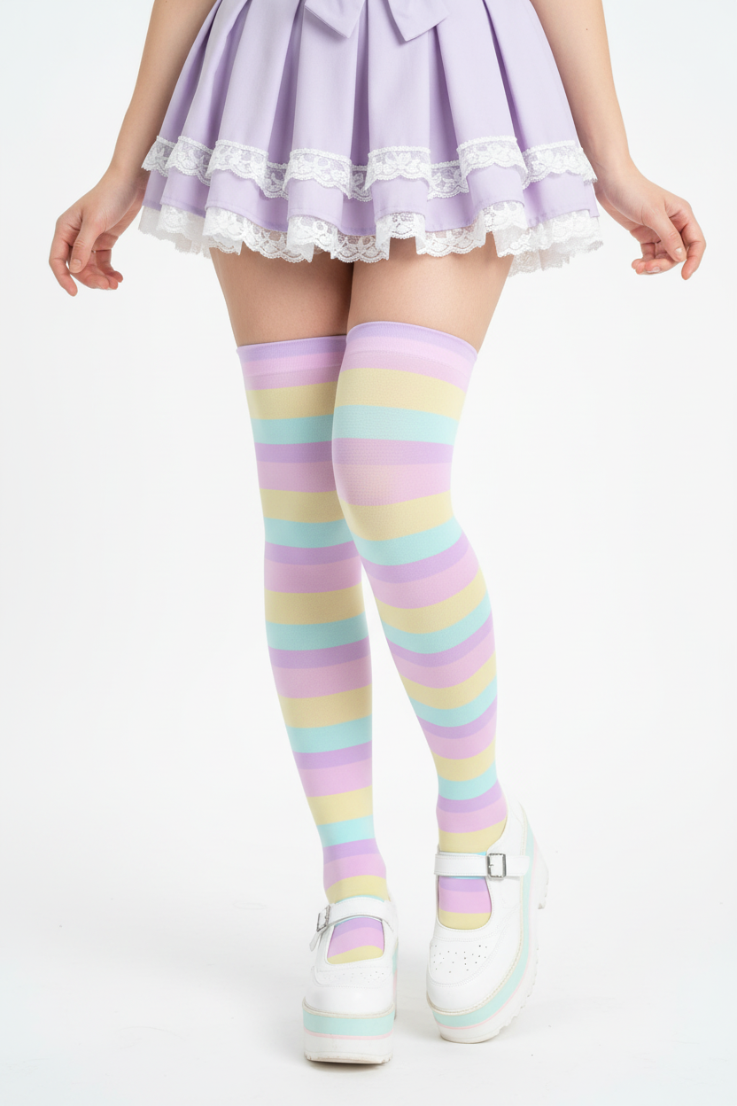 Yume kawaii fairy kei kawaii fashion Harajuku fashion Jfashion Pastel Stripes Over Knee Stocking Socks Cute Cutecore jojifuku pastel rainbow color block