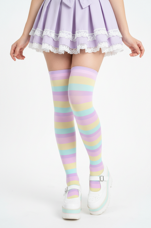 Yume kawaii fairy kei kawaii fashion Harajuku fashion Jfashion Pastel Stripes Over Knee Stocking Socks Cute Cutecore jojifuku pastel rainbow color block