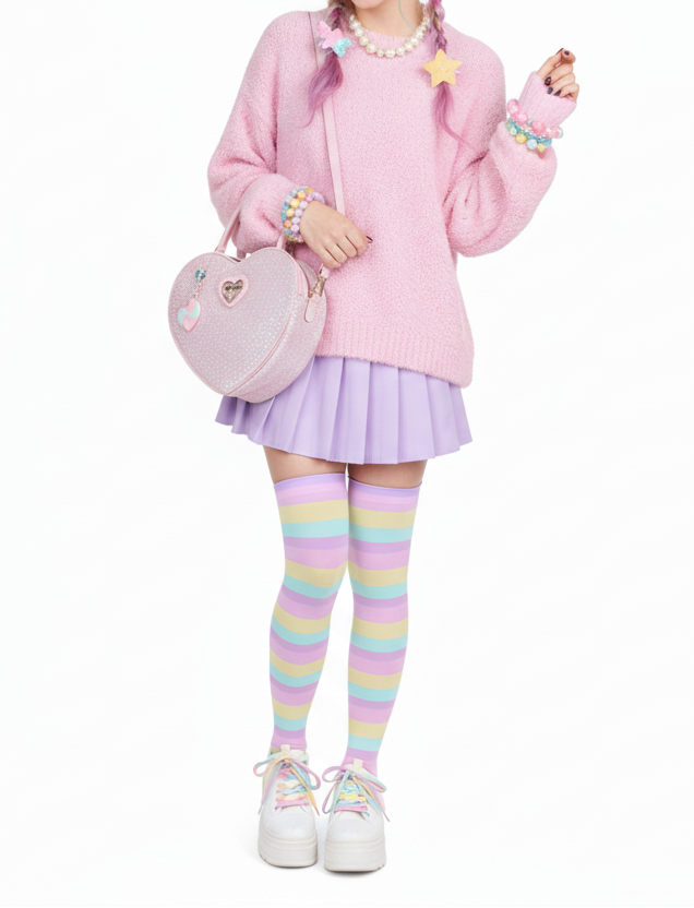 Yume kawaii fairy kei kawaii fashion Harajuku fashion Jfashion Pastel Stripes Over Knee Stocking Socks Cute Cutecore jojifuku pastel rainbow color block