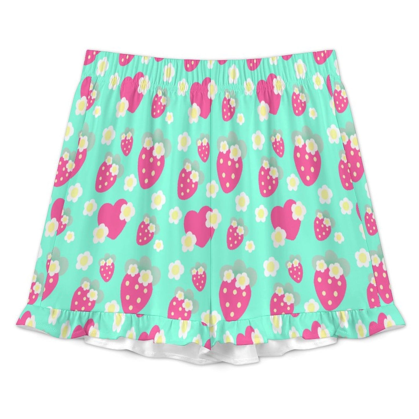 Strawberry Cutie Women's Top & Bottom Pajama Loungewear Set Short Sleeve Button Top Frilly Ruffled Shorts With Pockets (Fruity Berry Mint)