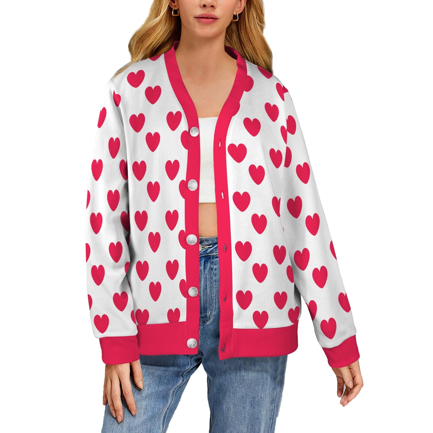 Sweet Love Hearts Ribbed Button Up Cardigan (Red x White)