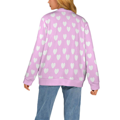 Sweet Love Hearts Ribbed Button Up Cardigan (White x Pink)