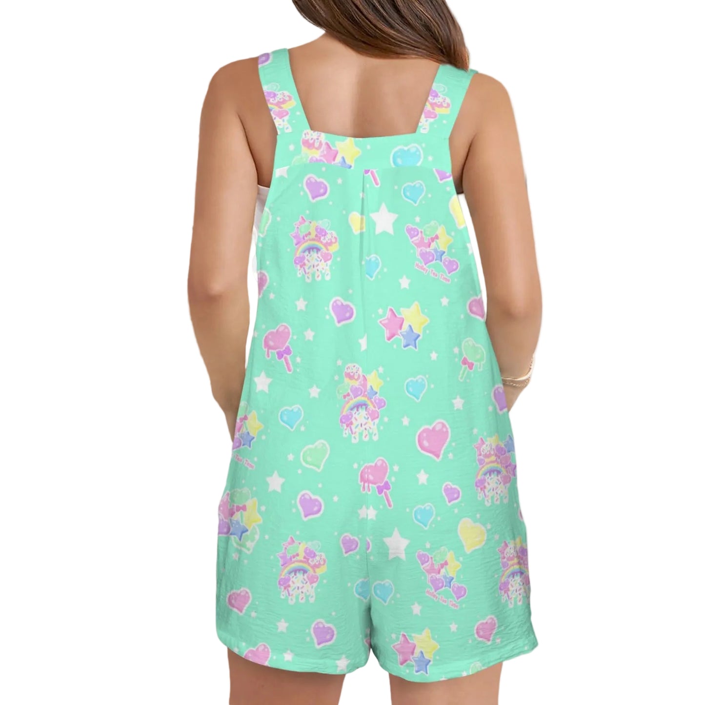 Rainbow Sweets Adjustable Strap Romper Overall Shorts With Pockets (Mint)