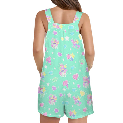 Rainbow Sweets Adjustable Strap Romper Overall Shorts With Pockets (Mint)