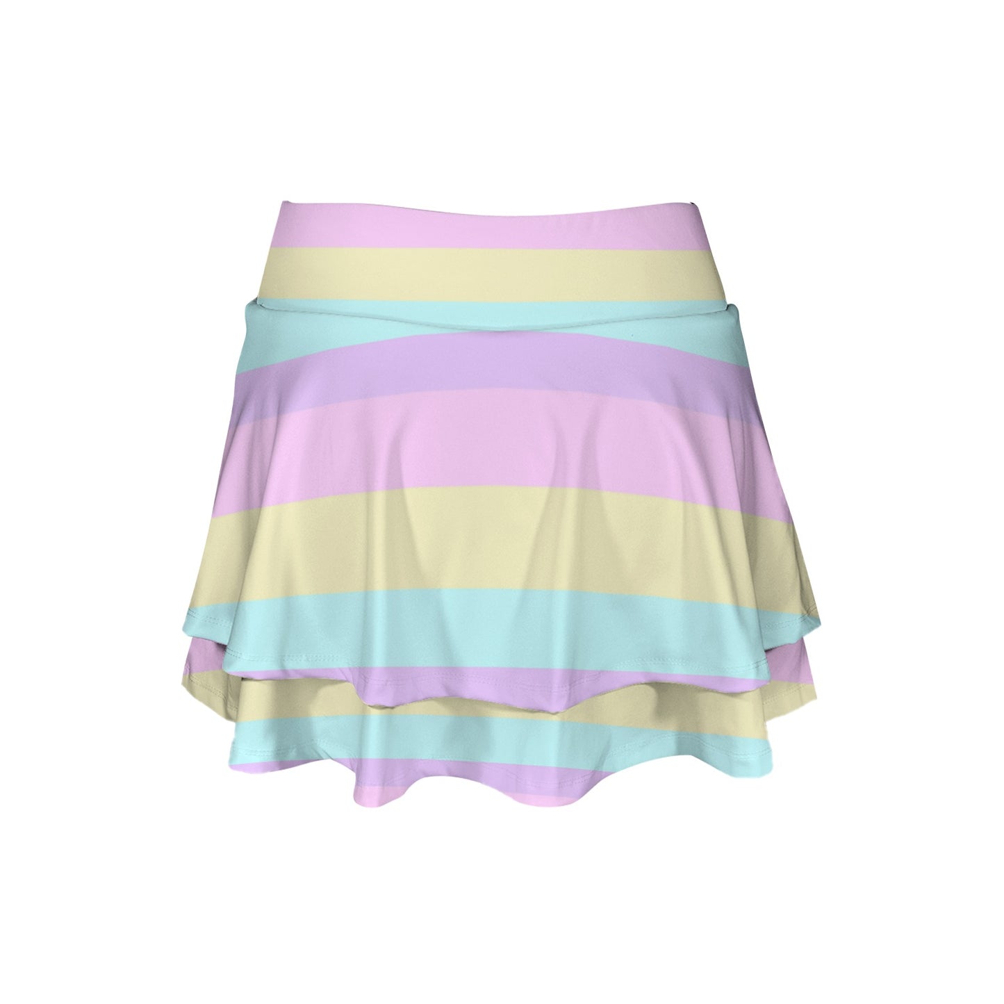 Pastel Stripes Color Block Activewear High Waist Layered Ruffled Sports Mini Skirt With Mesh Shorts & Pockets (Skort)